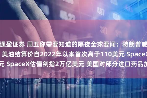 通盈证券 周五你需要知道的隔夜全球要闻:特朗普威胁加大力度打击伊朗 美油结算价自2022年以来首次高于110美元 SpaceX估值剑指2万亿美元 美国对部分进口药品加征100%关税